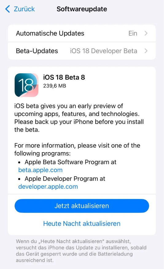 惠州苹果手机维修分享苹果 iOS / iPadOS 18 开发者预览版 Beta 8 发布 